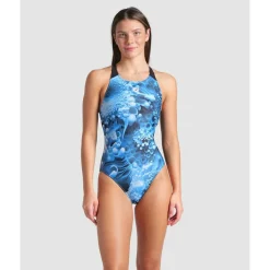 Blue Flowers V Back Damen Schwimmanzug
